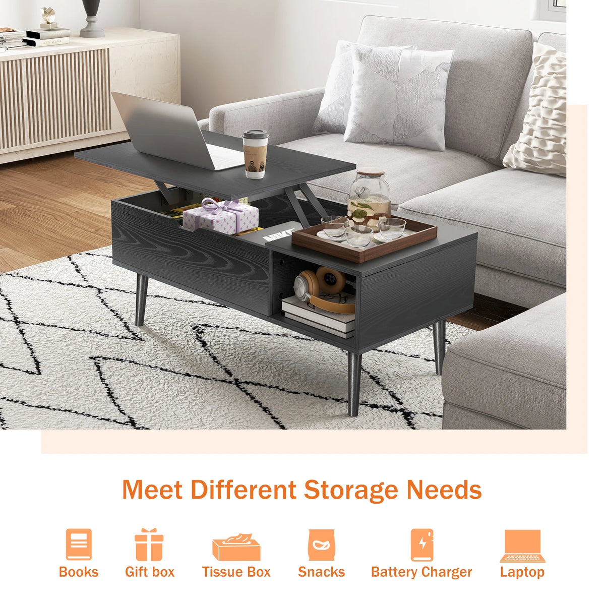 JHK Lift Top Coffee Table With Adjustable Wooden Storage