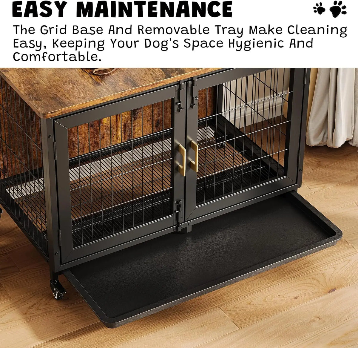 37.5 Inch Wooden Dog Crate Furniture with Wheels, Heavy Duty Steel Frame & Removable Tray, Rustic End Table for Medium Dogs up to 66 LBS, Lockable Casters for Easy Move