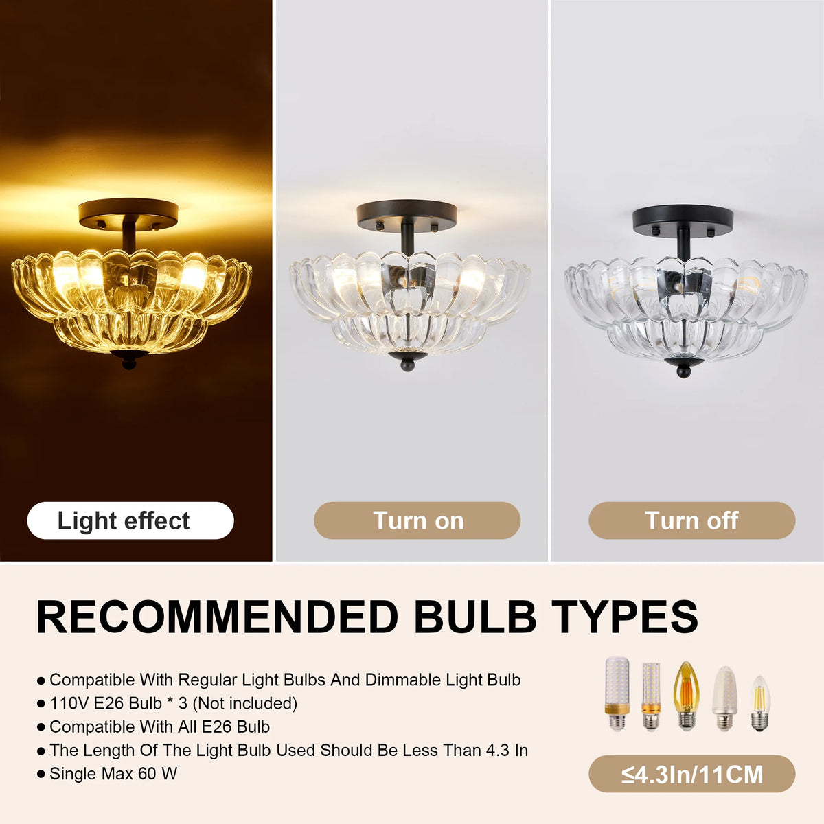 ARLGSITE 11.8" 3-Light Semi Flush Mount Ceiling Light, Clear Patterned Glass, Matte Black Fixture for Kitchen, Bathroom, Bedroom, Hallway, Bulbs Not Included
