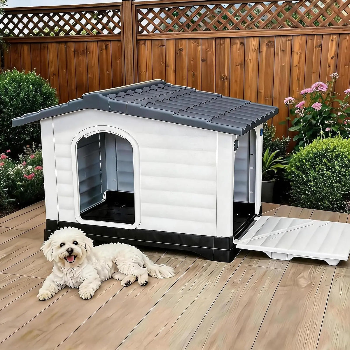 Waterproof 2-Door Dog House, Grey – Fold-Out Porch, Elevated Base, for Indoor/Outdoor Use, Small & Medium Dogs, 31"L X 21"W X 26"H, Easy Assembly