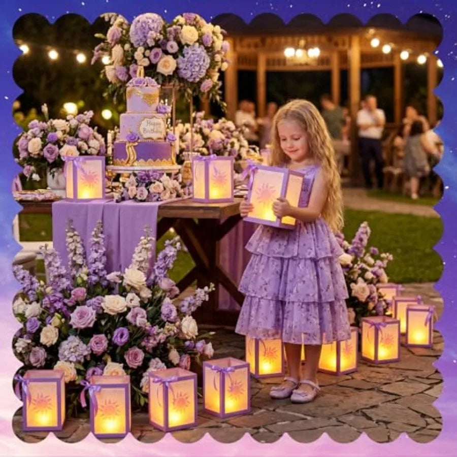 12 Set Sun Paper Lanterns with LED Candles for Centerpieces Princess Birthday Decorations Sun Lantern Decor with Purple Ribbon