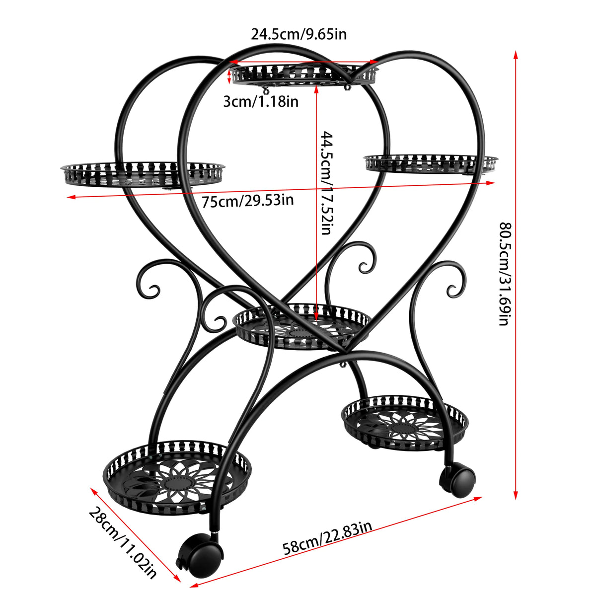 Wisfor Heart Shaped Metal Rolling Plant Stand Garden Display Rack