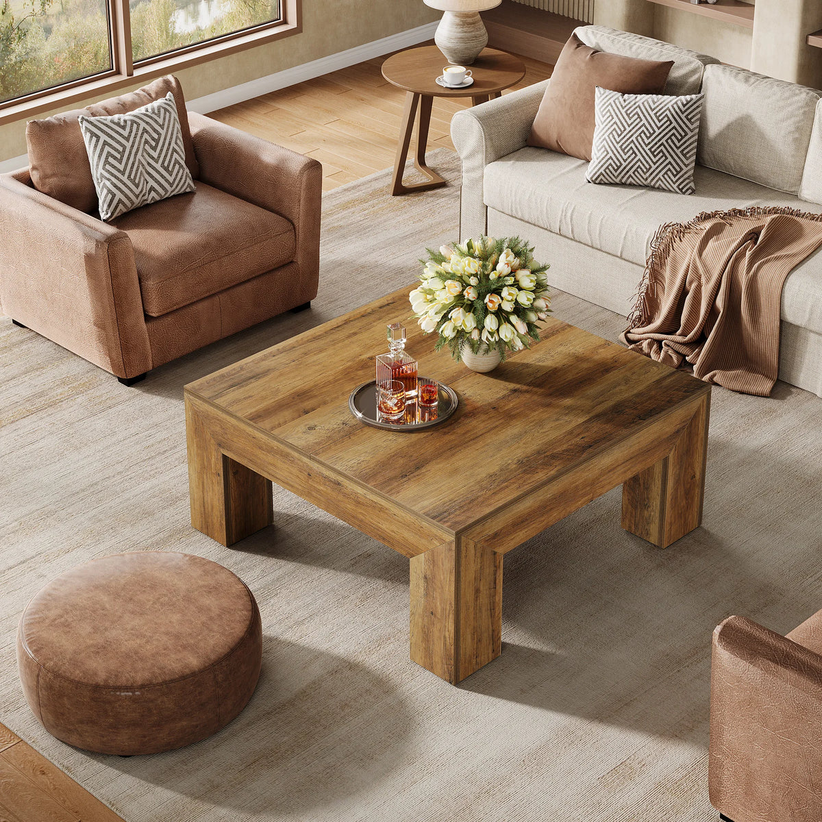 Tribesigns Farmhouse Square Coffee Table Wooden Legs For Living Room