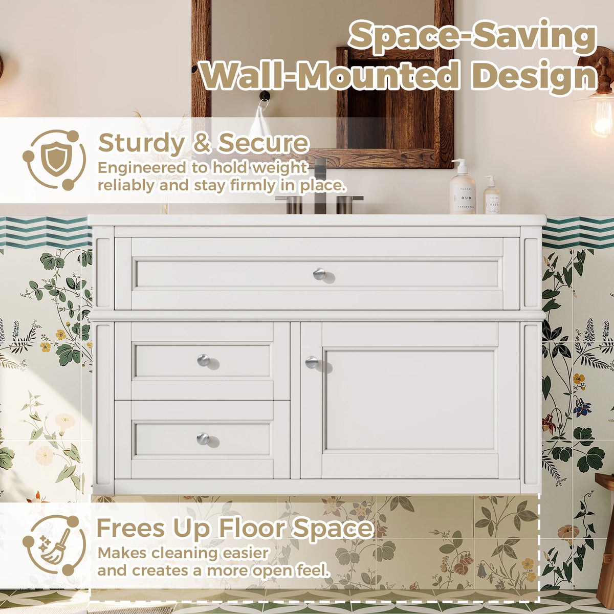Modern Floating Bathroom Vanity With Ceramic Sink Storage Cabinet