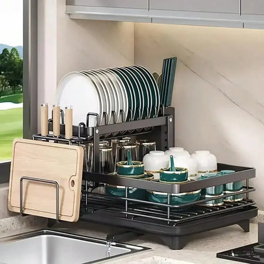 Double Layer Carbon Steel Kitchen Cutlery Rack With Drainer