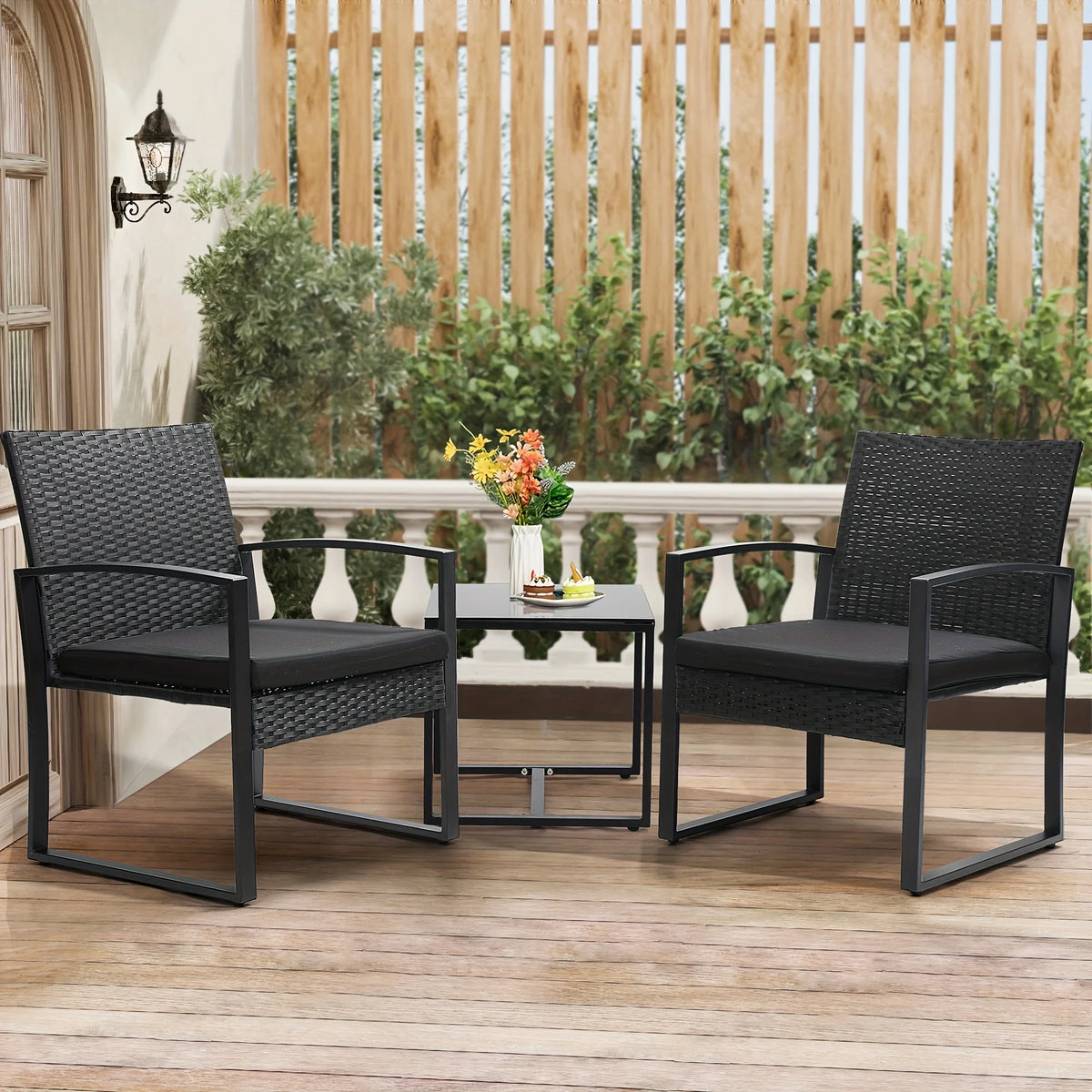 TUAREX Outdoor Wicker Bistro Set With Cushions And Coffee Table