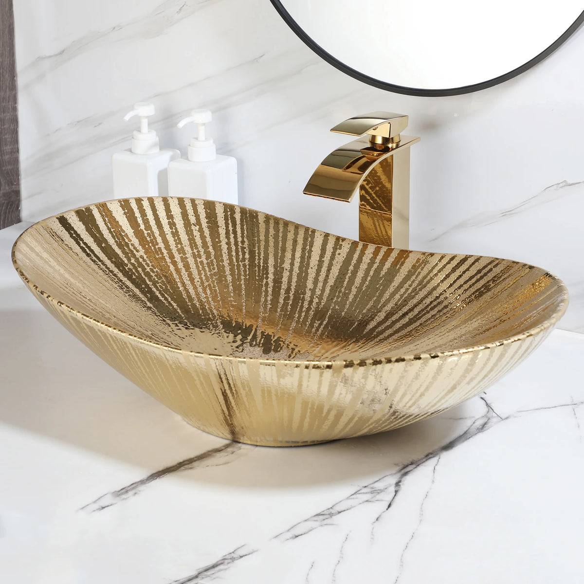 MEKKHALA Oval Ceramic Bathroom Vessel Sink Faucet And Drain Set