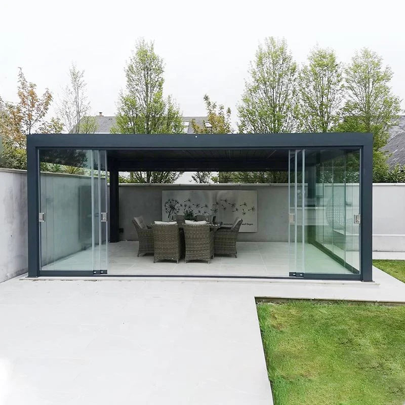 Motorized Aluminum Pergola With Glass Sliding Doors And LED Lights