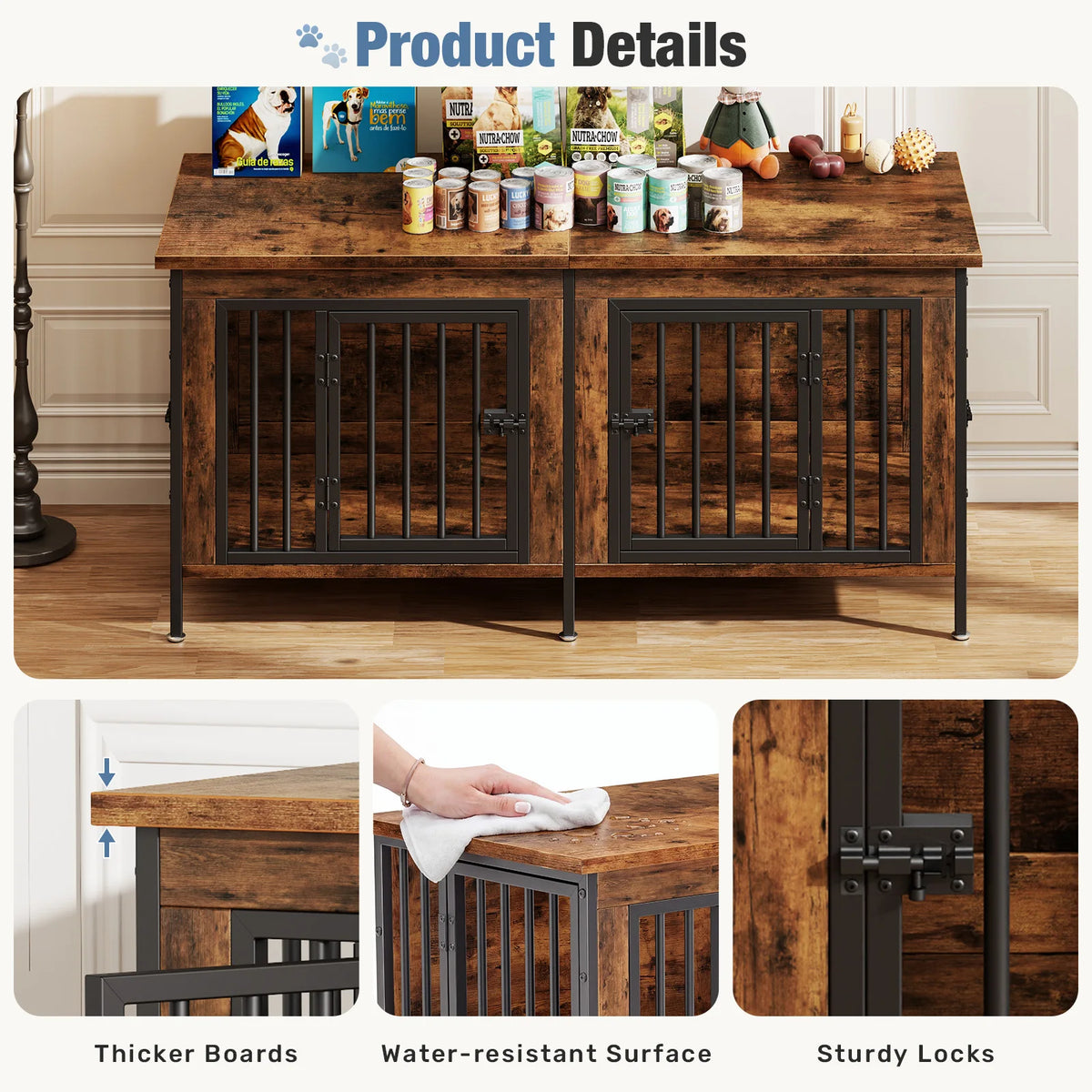 JHK 54 Inch Double Door Wooden Dog Cage with Divider Heavy Duty Extra Large Pet Kennel for Indoor Outdoor Dog Kennel Furniture