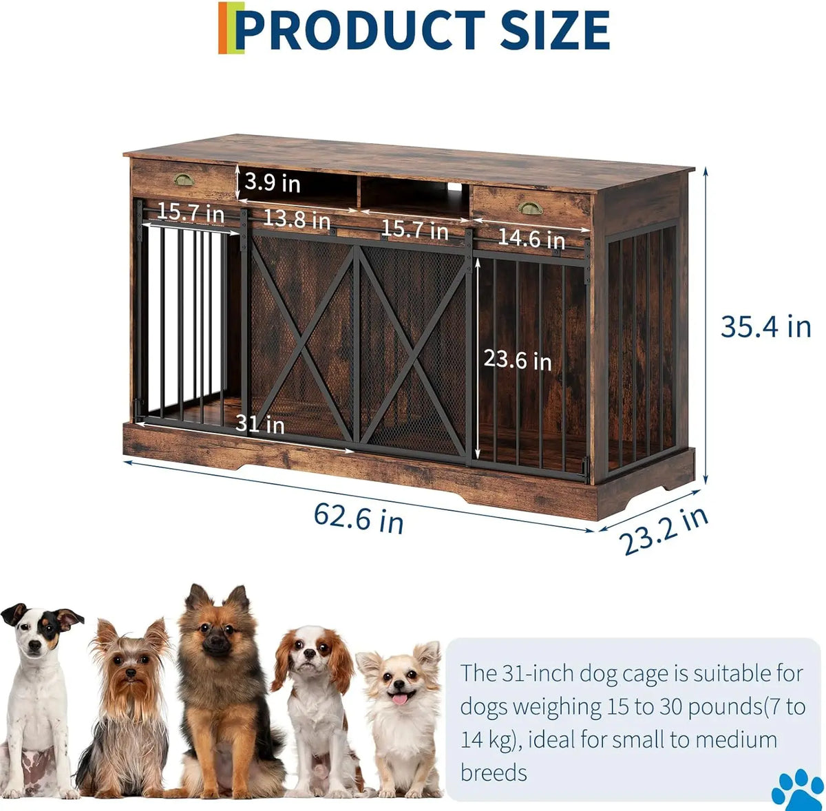 63 in Extra Large Double Dog Crate with Removable Divider, Heavy Duty Dog Kennel Furniture with 2 Drawers, Decorative TV Stand