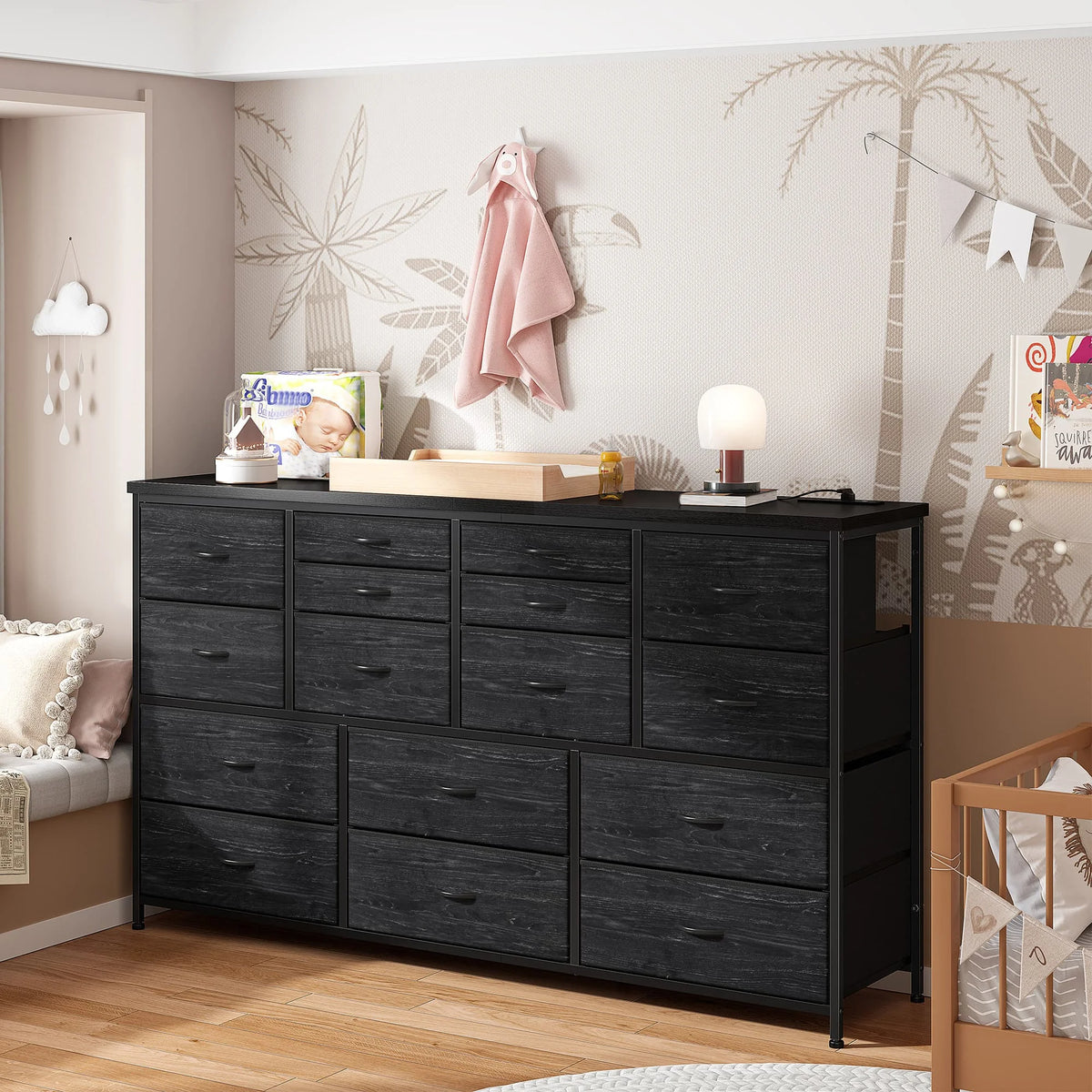 EnHomee 16 Drawer TV Stand Charging Station Long Storage Dresser