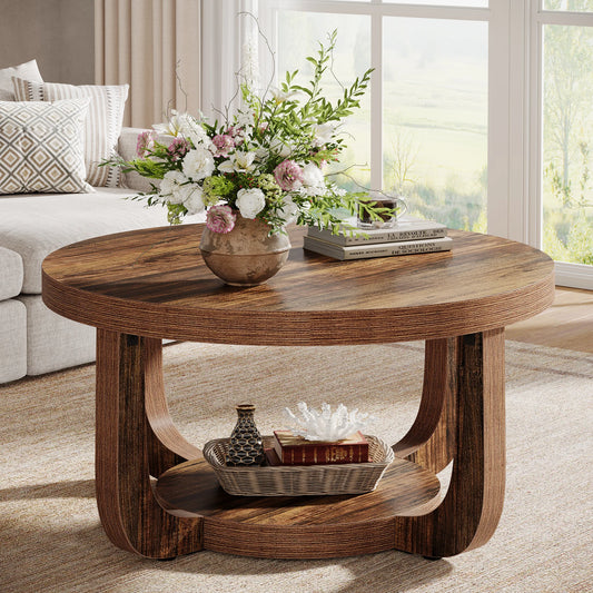 Tribesigns Wooden Round Coffee Table With Lower Storage Shelf