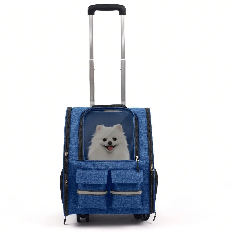 2-In-1 Trolley Pet Cat Bag | Cat Carrier With Wheels, Airline Approved Pet Carrier With Telescopic Handle, Polyester Rolling Dog Cat Carrier With Zipper Closure, Detachable Soft-Sided Travel Carrier With Shoulder Strap And Sa