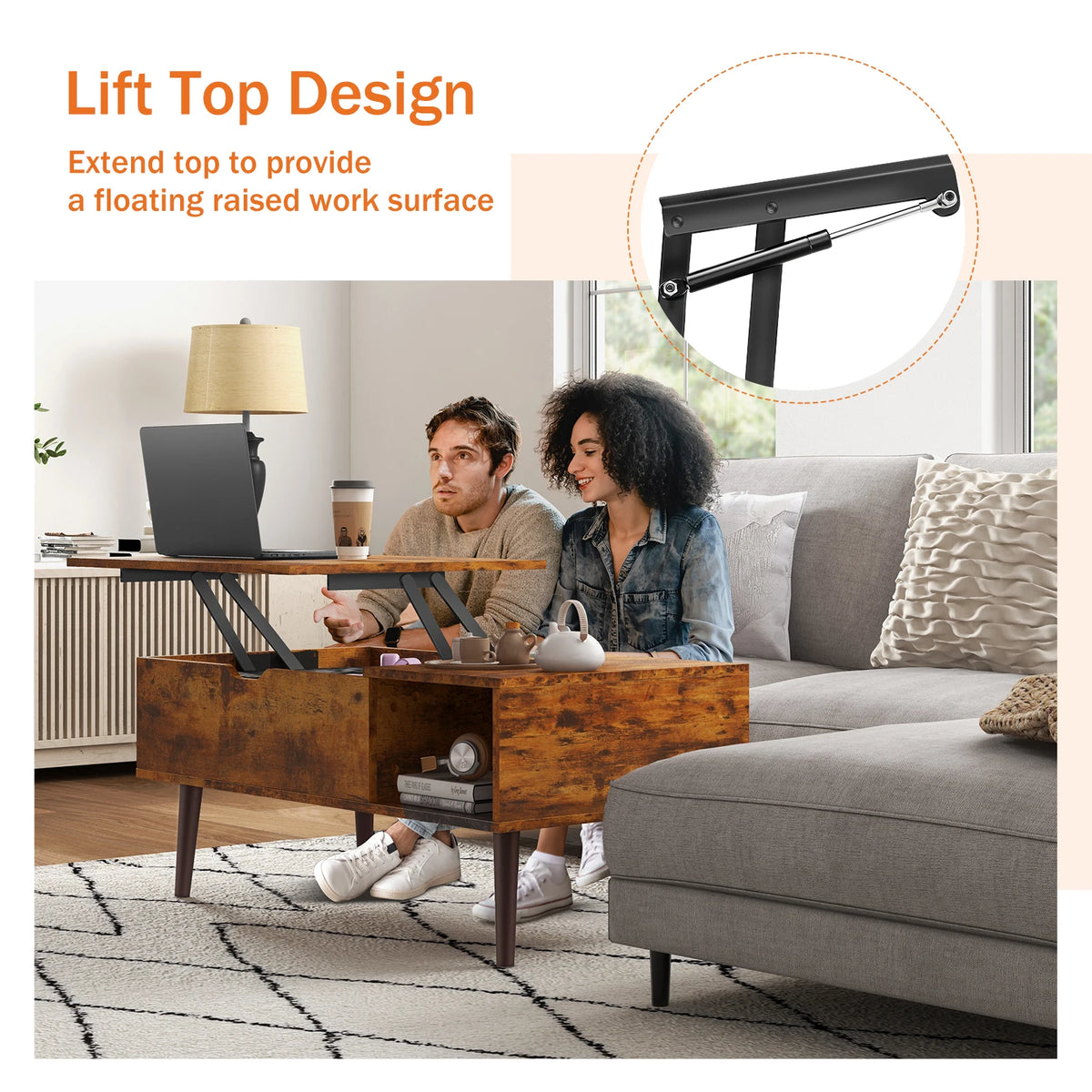 JHK Lift Top Coffee Table With Adjustable Wooden Storage