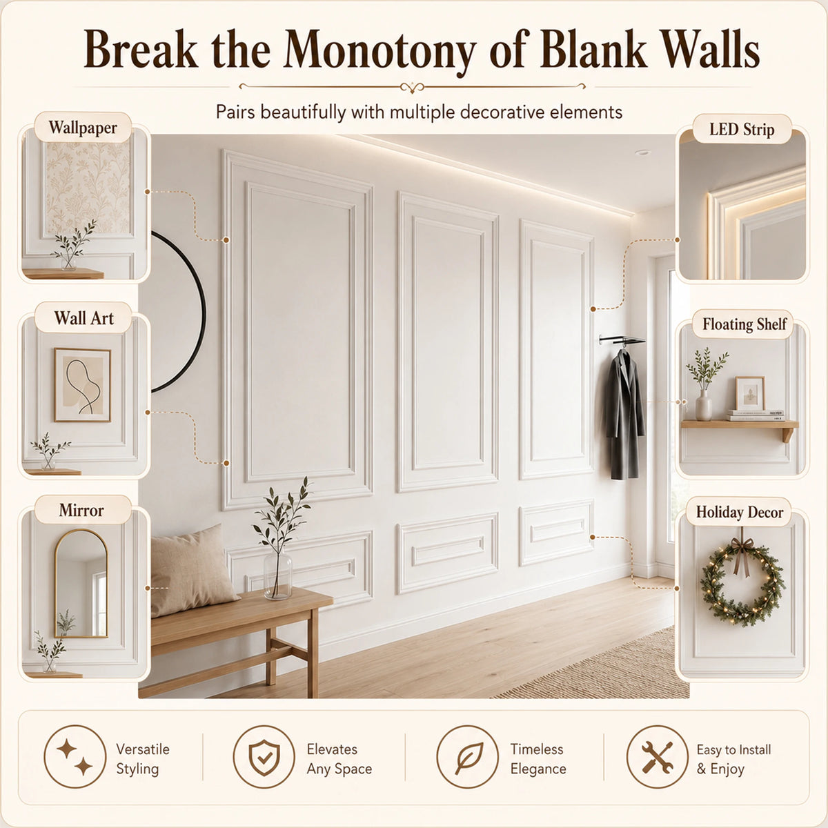Pre Cut Wainscoting Wall Molding Kit With PU Trim Panels