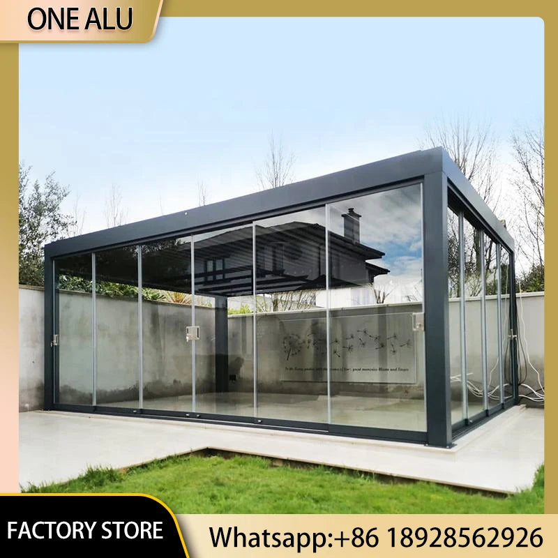 Motorized Aluminum Pergola With Glass Sliding Doors And LED Lights