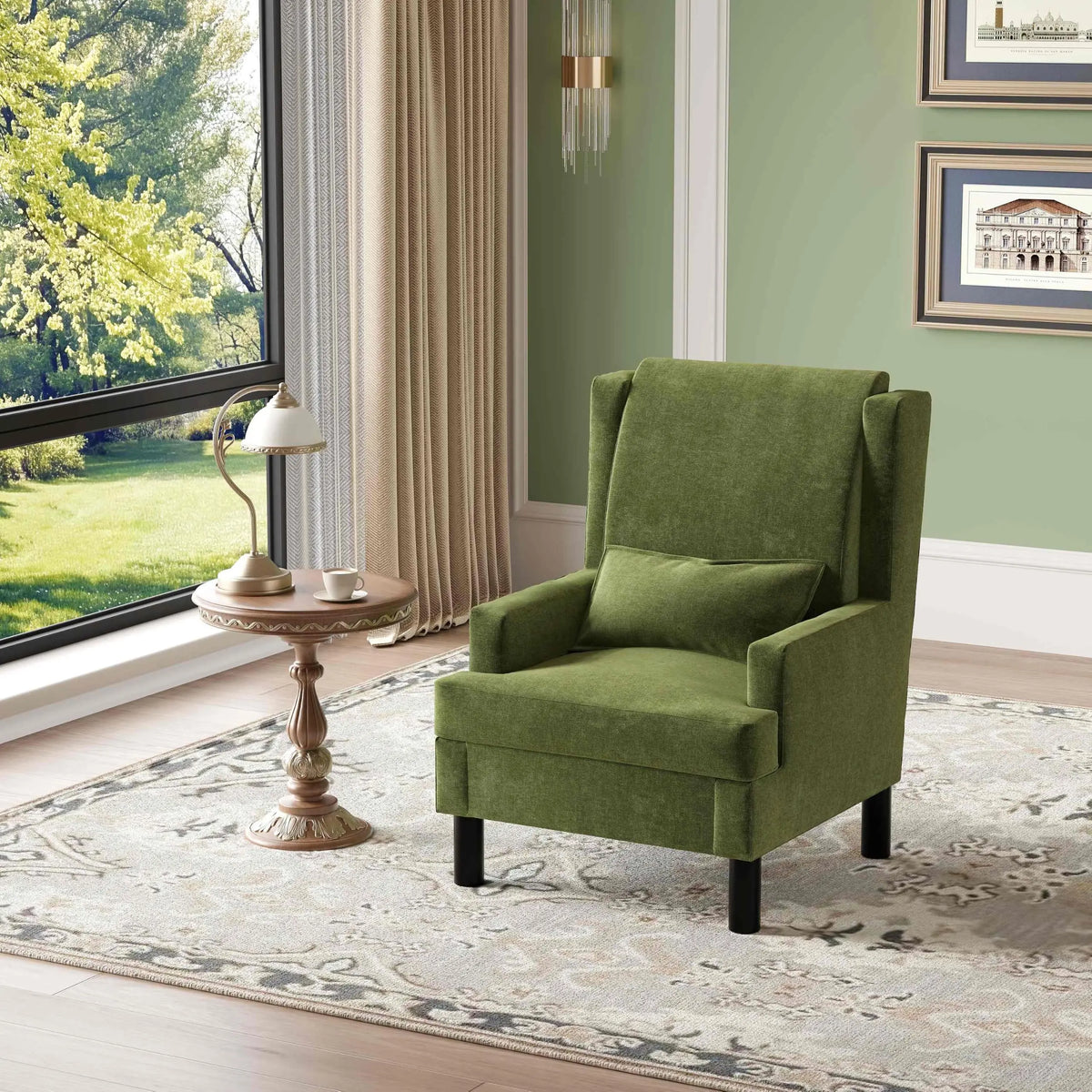 HiMiss Mid Century Modern Wingback Armchair With Lumbar Pillow