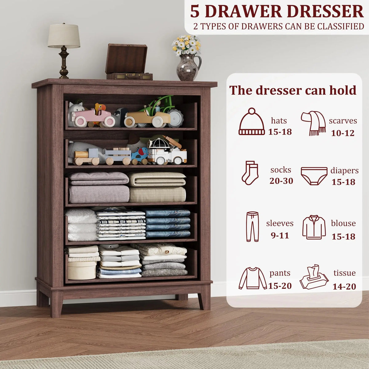 Five Drawer Wooden Dresser With Spacious Bedroom Storage Cabinet