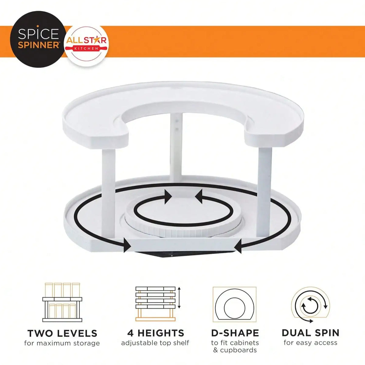 Two-Tier Rotating Spice Organizer D-Shape Lazy Susan Countertop Storage Rack