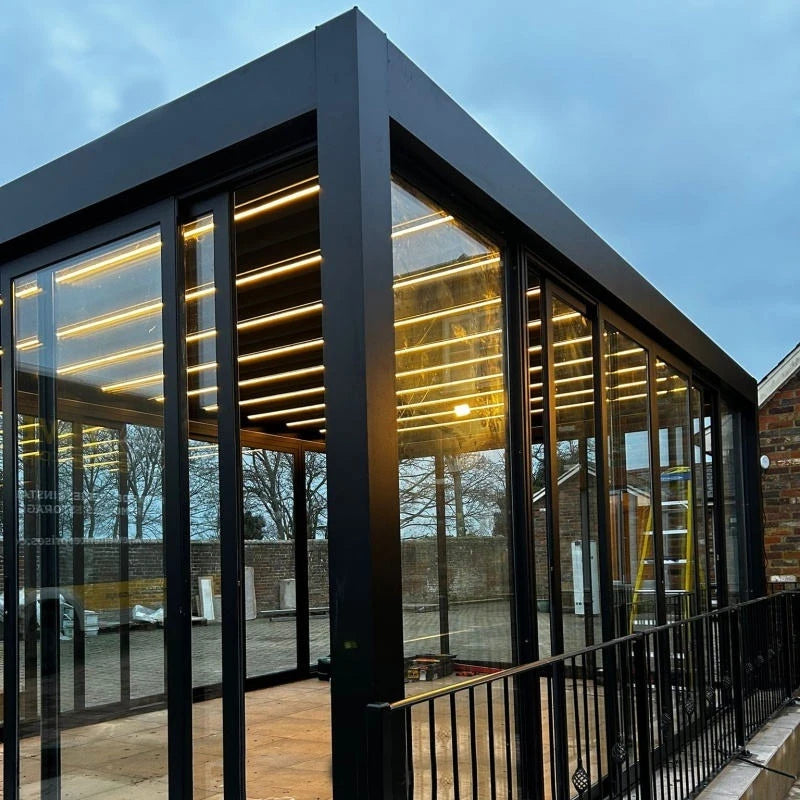 Luxury Aluminum Louvered Gazebo With Glass Enclosure And LED Lights