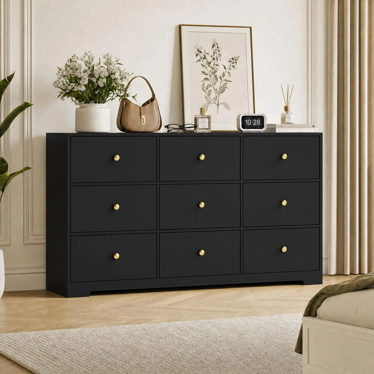 HiMiss Modern 9 Drawer Wood Storage Chest With Gold Handles