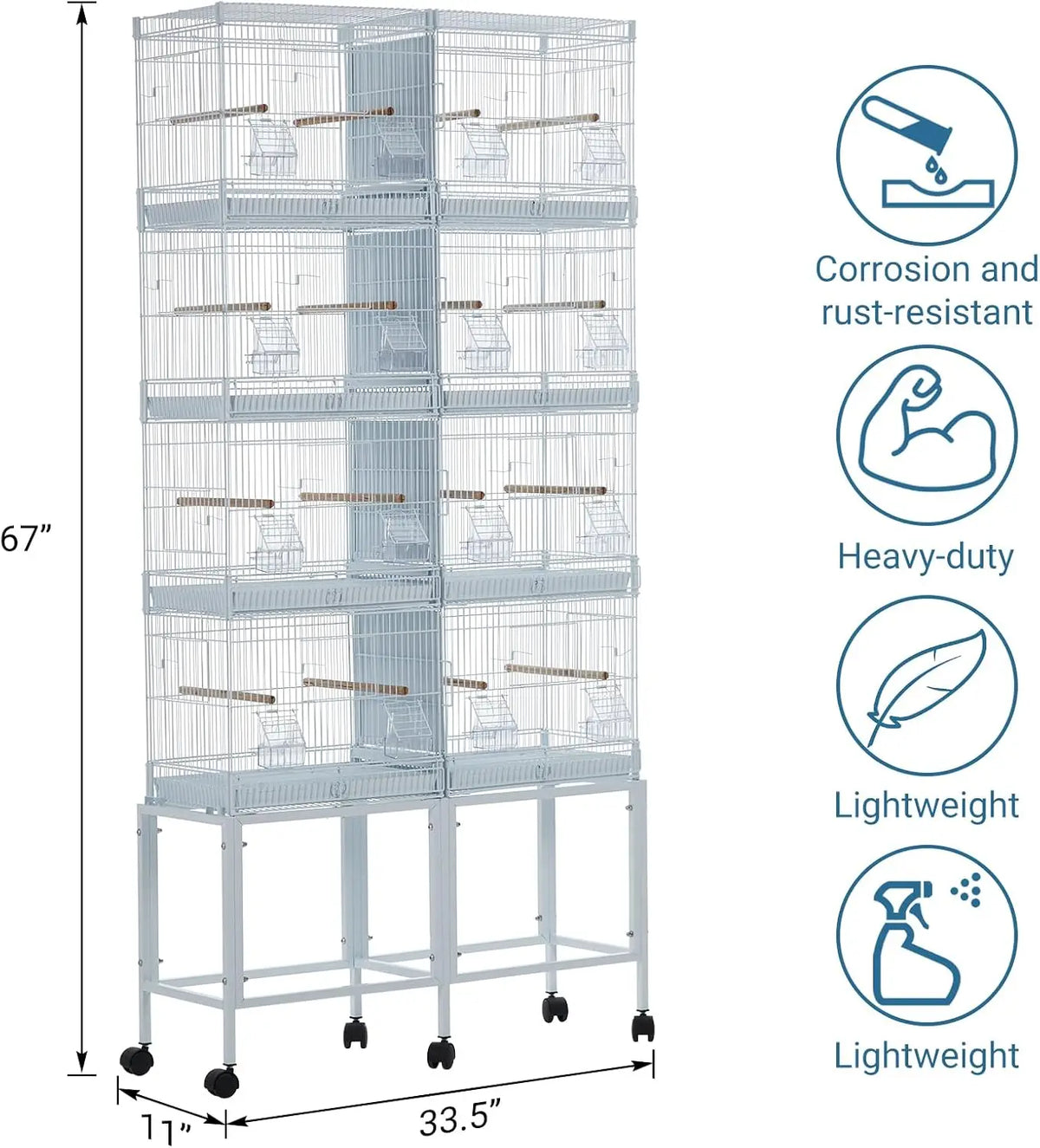 Large Stackable Bird Parrot Cage for Cockatiel Spacious 4-Unit, 67inch H With Shelf, Slide-Out Trays Bird Nests Indoor Flight House Locking Casters
