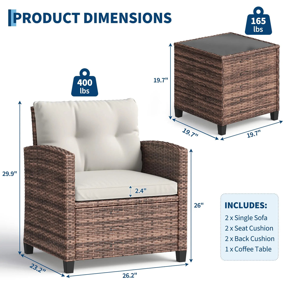 HiMISS Outdoor Wicker Bistro Set With Cushions And Coffee Table