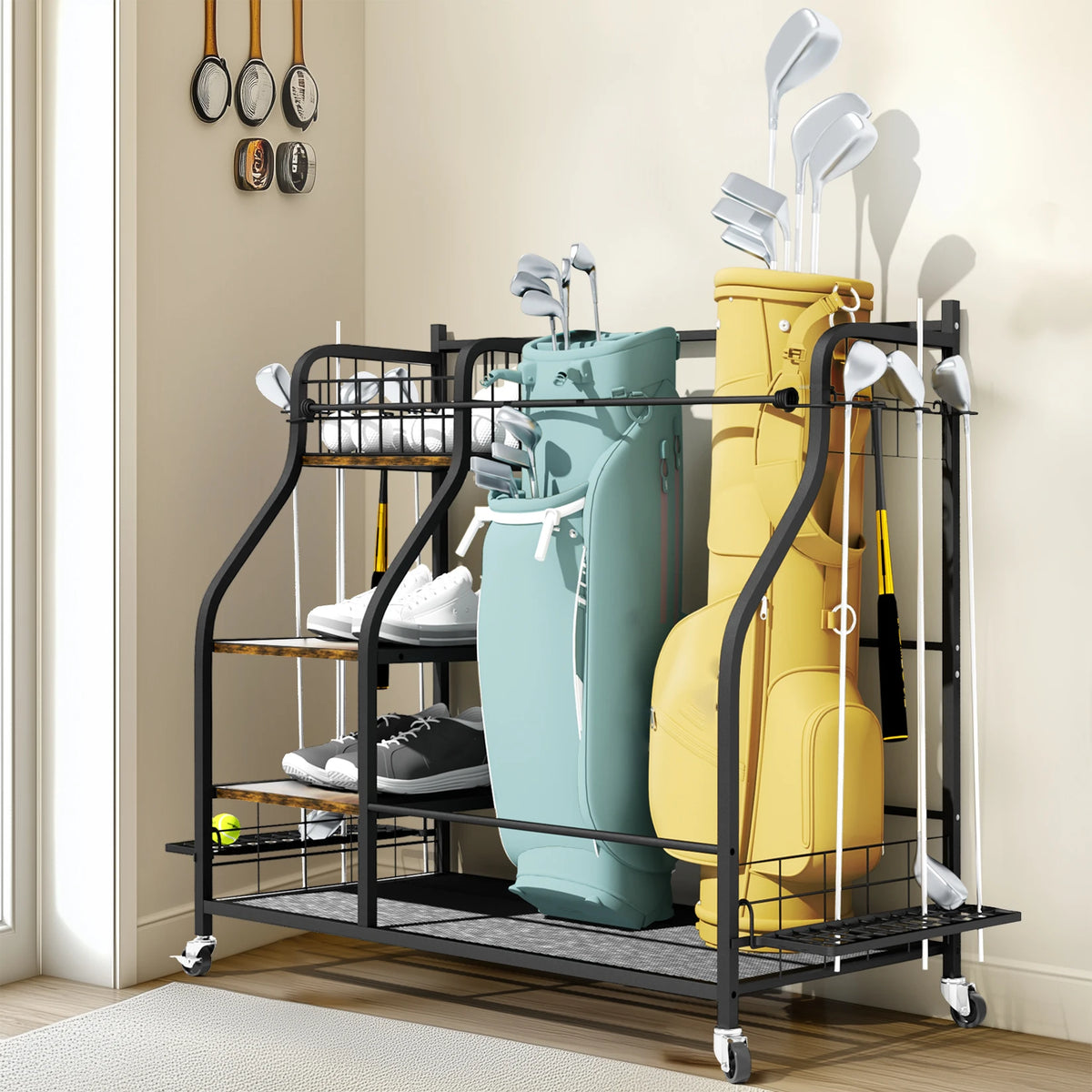 Rolling Multi Tier Golf Bag Storage Rack For Sports Equipment