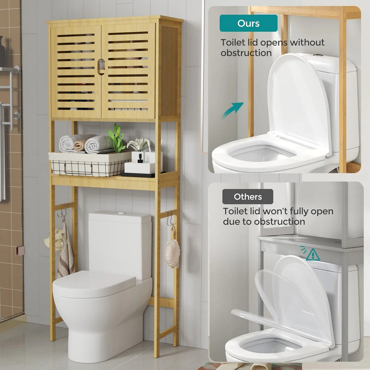 Natural Bamboo Over Toilet Storage Rack With Three Tier Shelves