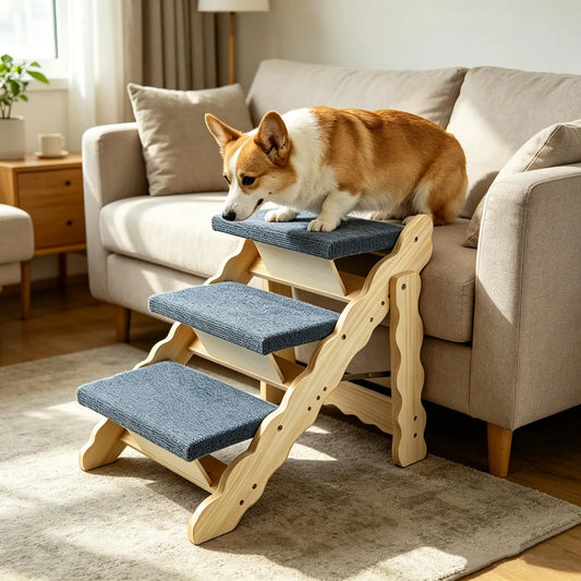 HiMISS Wooden Pet Stairs And Folding Dog Ramp For Pets