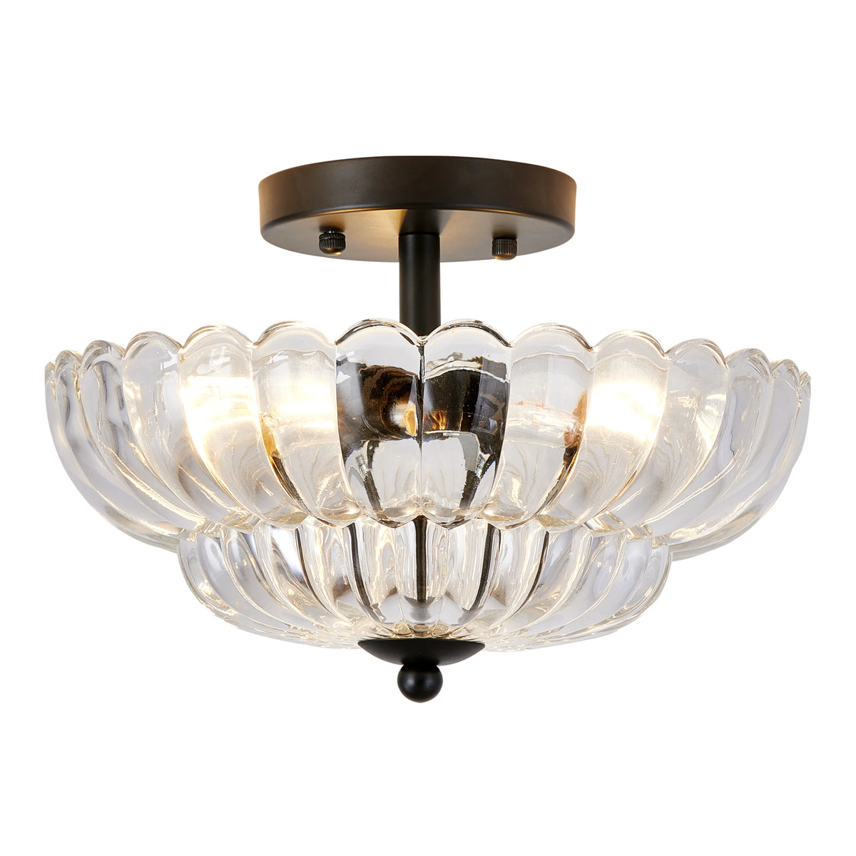 ARLGSITE 11.8" 3-Light Semi Flush Mount Ceiling Light, Clear Patterned Glass, Matte Black Fixture for Kitchen, Bathroom, Bedroom, Hallway, Bulbs Not Included