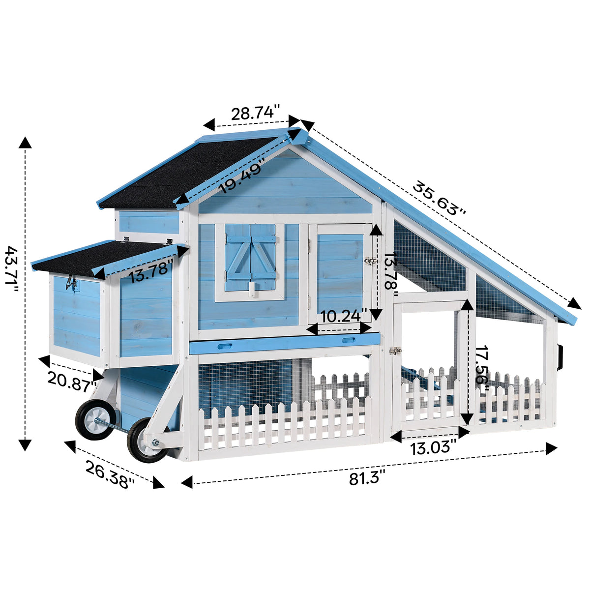 Outdoor Wheeled Double-Decker Rabbit Hutch with Fence Waterproof Solid Wood Pet Cage Mobile Home for Rabbits Chickens & Ducks