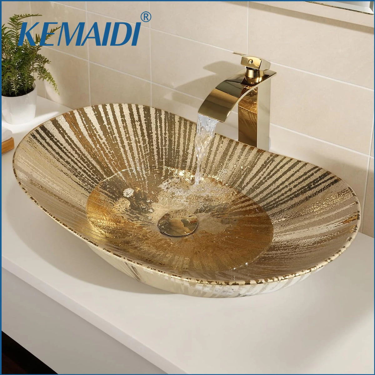 MEKKHALA Oval Ceramic Bathroom Vessel Sink Faucet And Drain Set