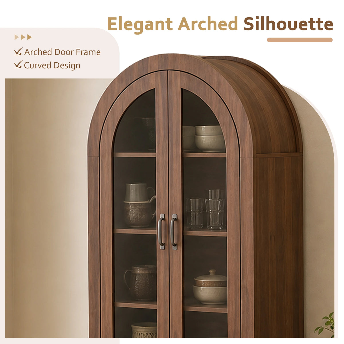 Tcgbkaf Modern Farmhouse Arched Wood Display Cabinet With Glass Doors