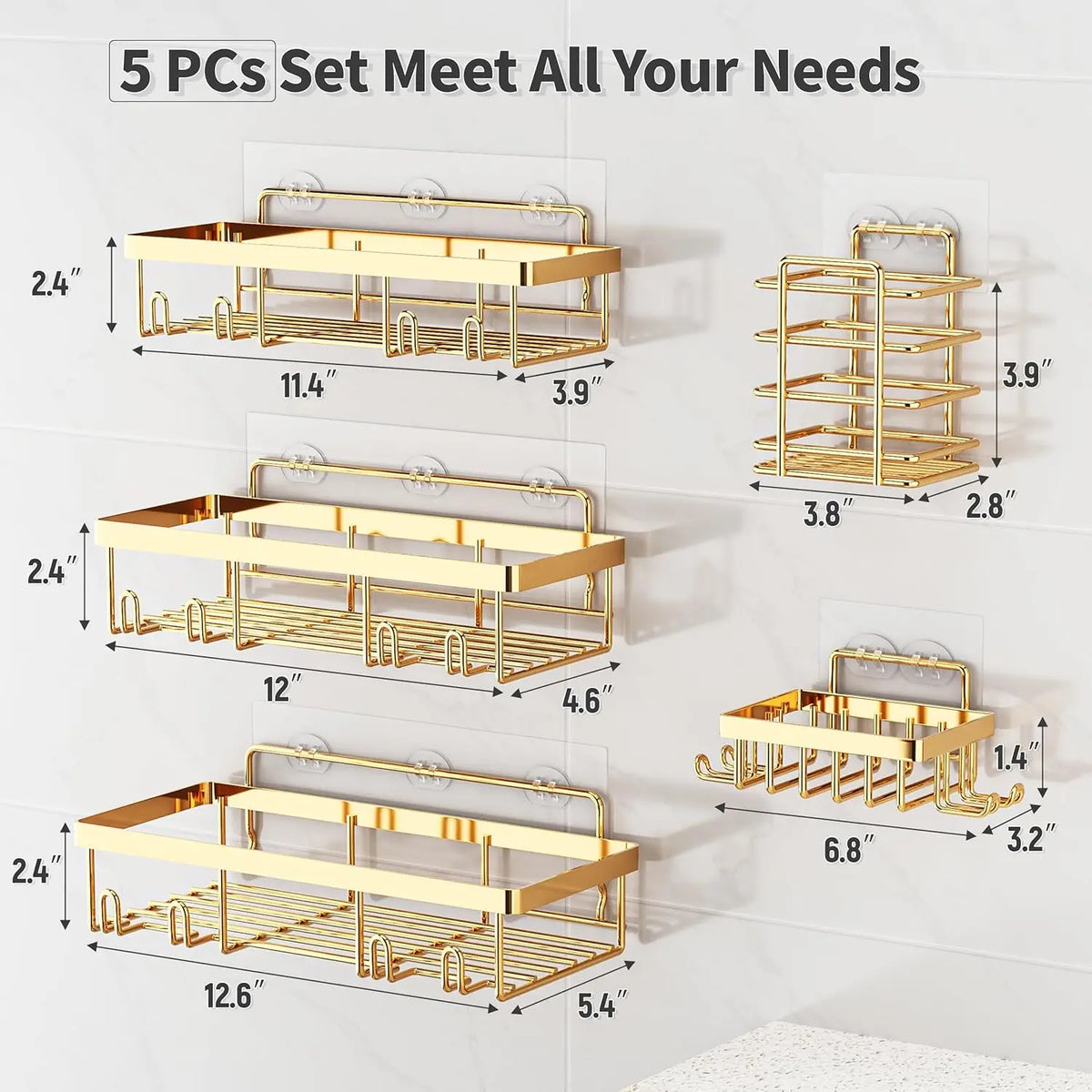 Adhesive Stainless Steel Shower Caddy Set For Bathroom Storage