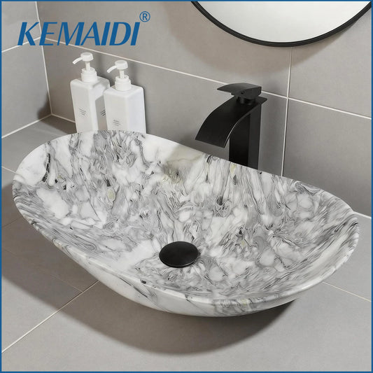 KEMAIDI Ceramic Oval Vessel Bathroom Sink With Faucet Set
