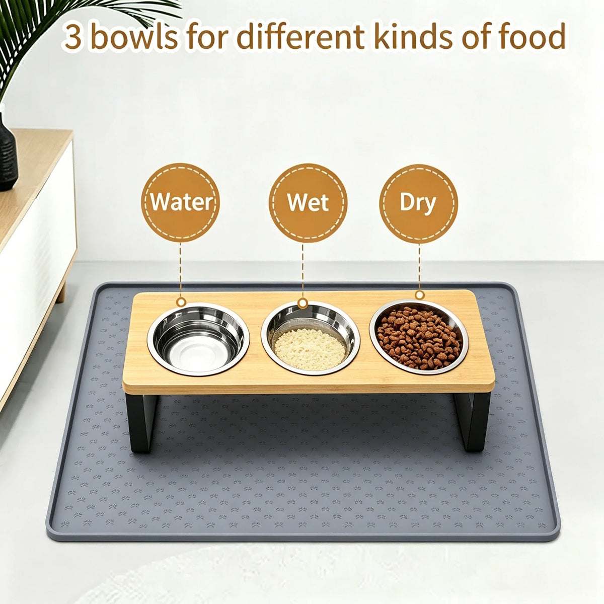 Elevated Cat Feeder With Tilted Stainless Steel Bowls And Mat