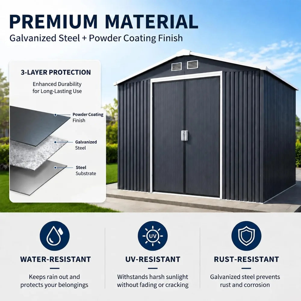 Outdoor Metal Storage Shed With Windows And Lockable Doors