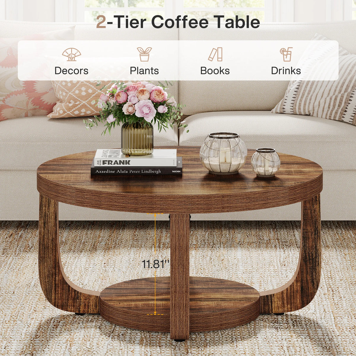 Tribesigns Wooden Round Coffee Table With Lower Storage Shelf