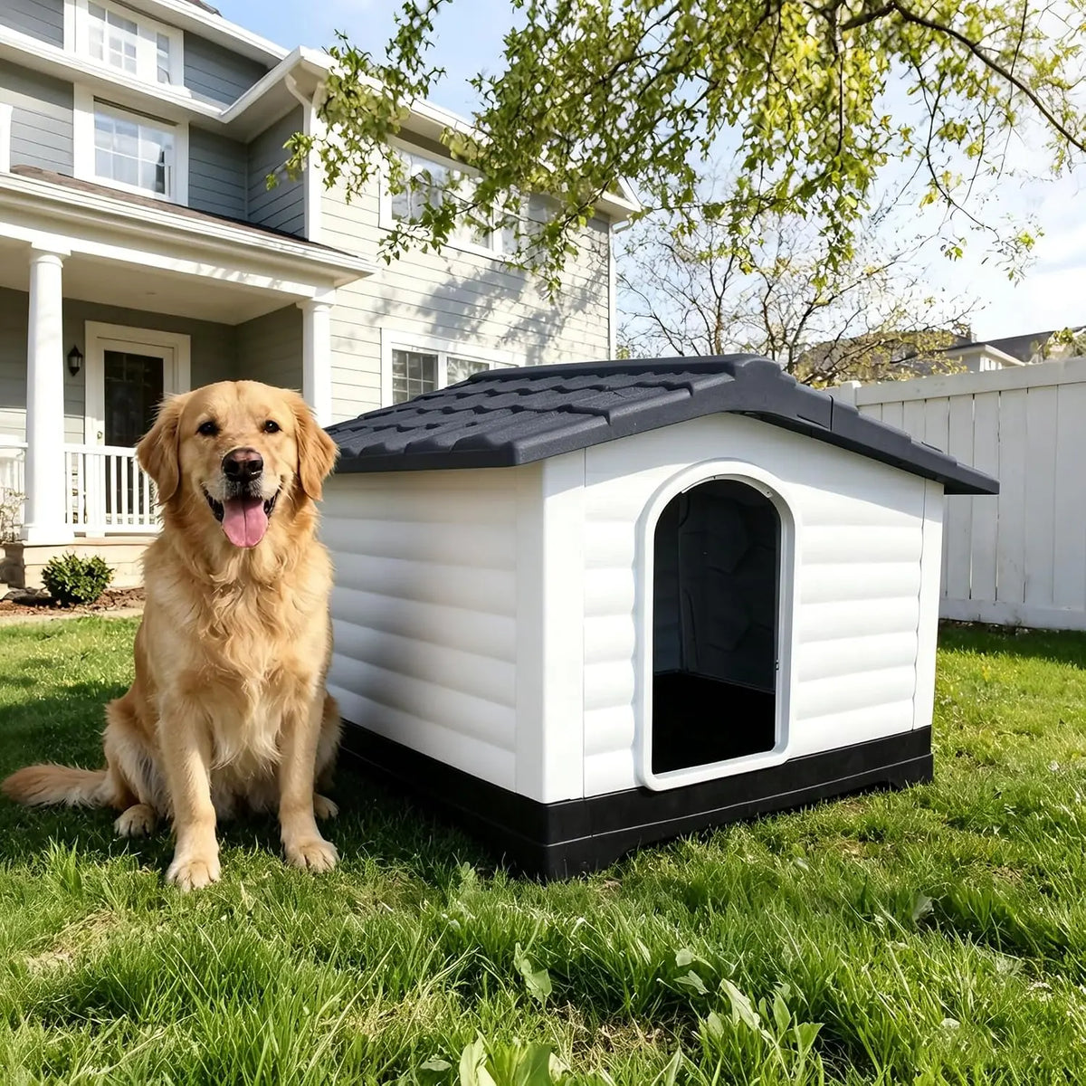 Waterproof 2-Door Dog House, Grey – Fold-Out Porch, Elevated Base, for Indoor/Outdoor Use, Small & Medium Dogs, 31"L X 21"W X 26"H, Easy Assembly