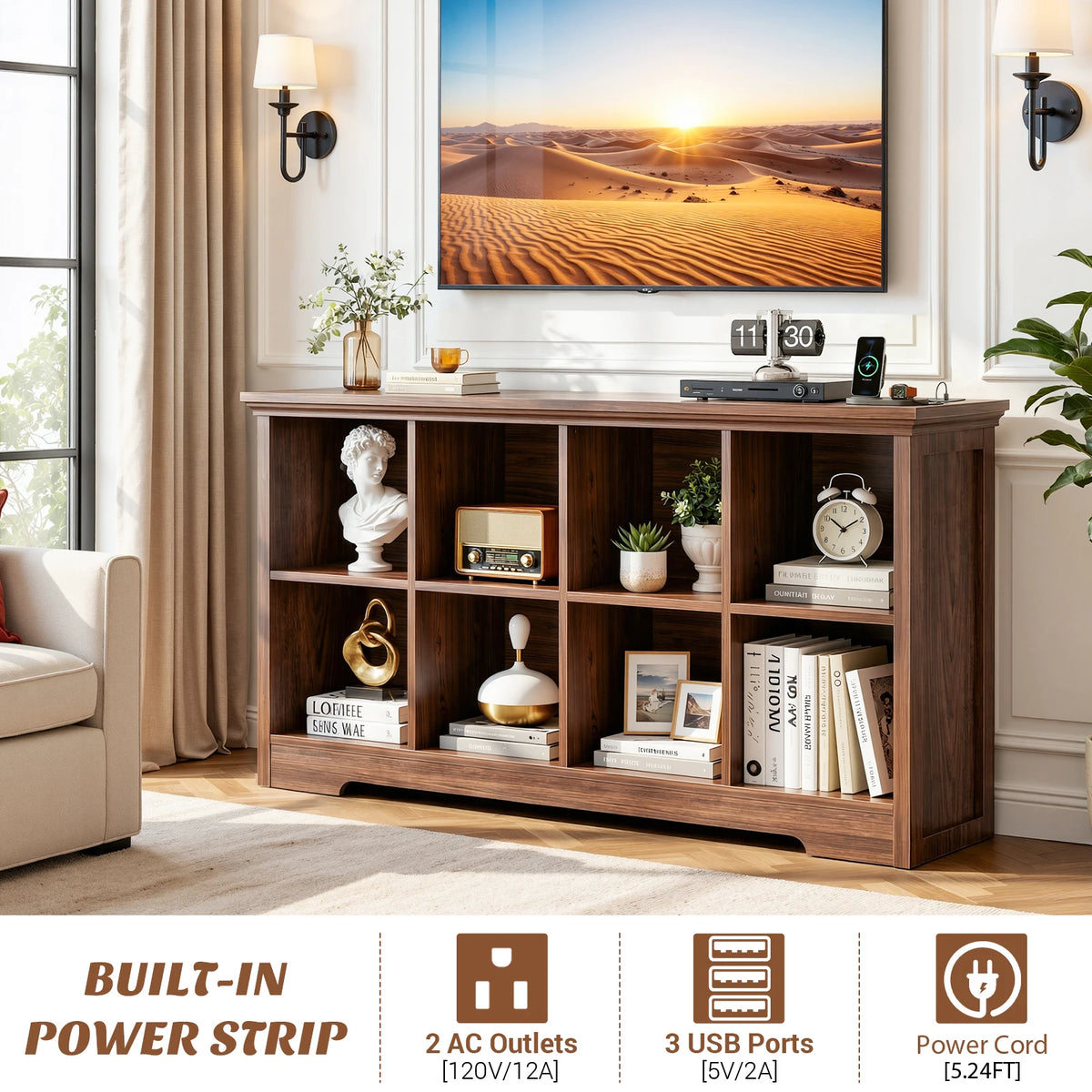 Aheaplus Modern Wooden Bookshelf With Integrated Charging Ports