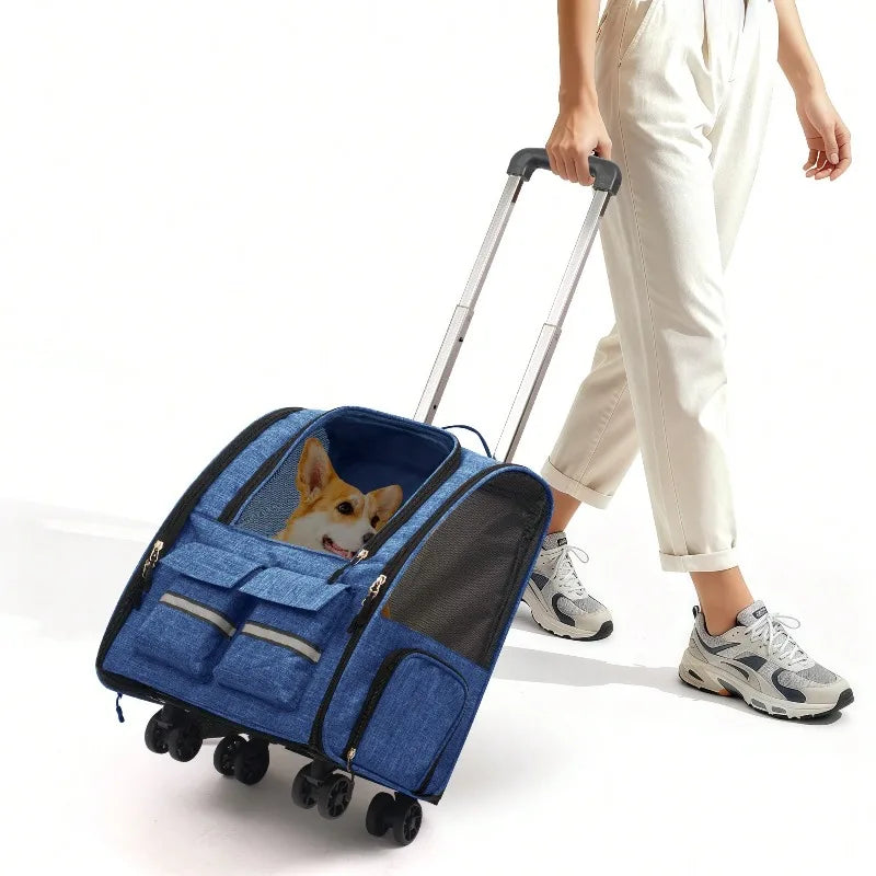 2-In-1 Trolley Pet Cat Bag | Cat Carrier With Wheels, Airline Approved Pet Carrier With Telescopic Handle, Polyester Rolling Dog Cat Carrier With Zipper Closure, Detachable Soft-Sided Travel Carrier With Shoulder Strap And Sa