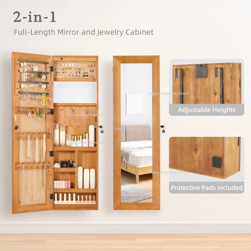 Modern Led Wall Mounted Solid Wood Jewelry Armoire Full Mirror