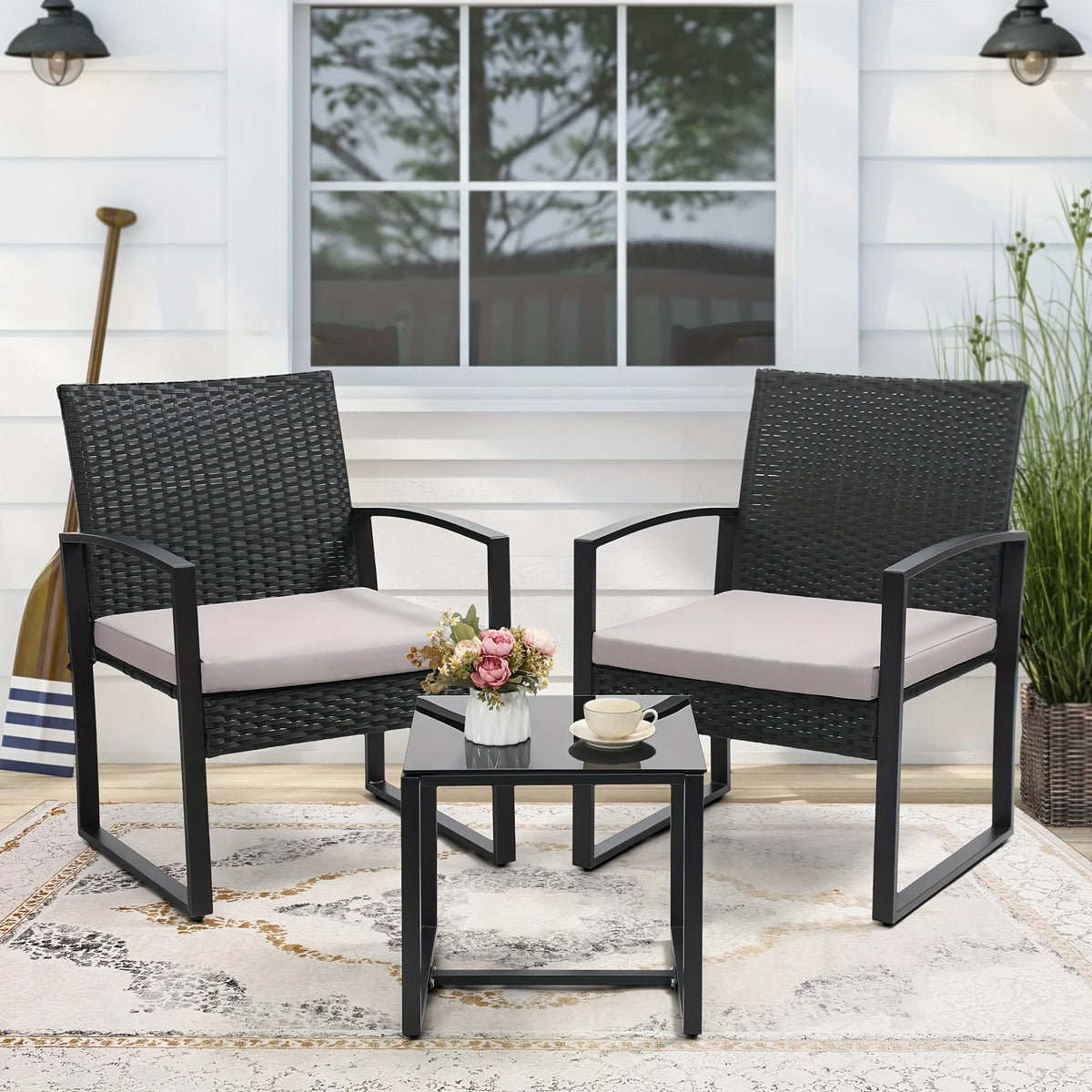 TUAREX Outdoor Wicker Bistro Set With Cushions And Coffee Table