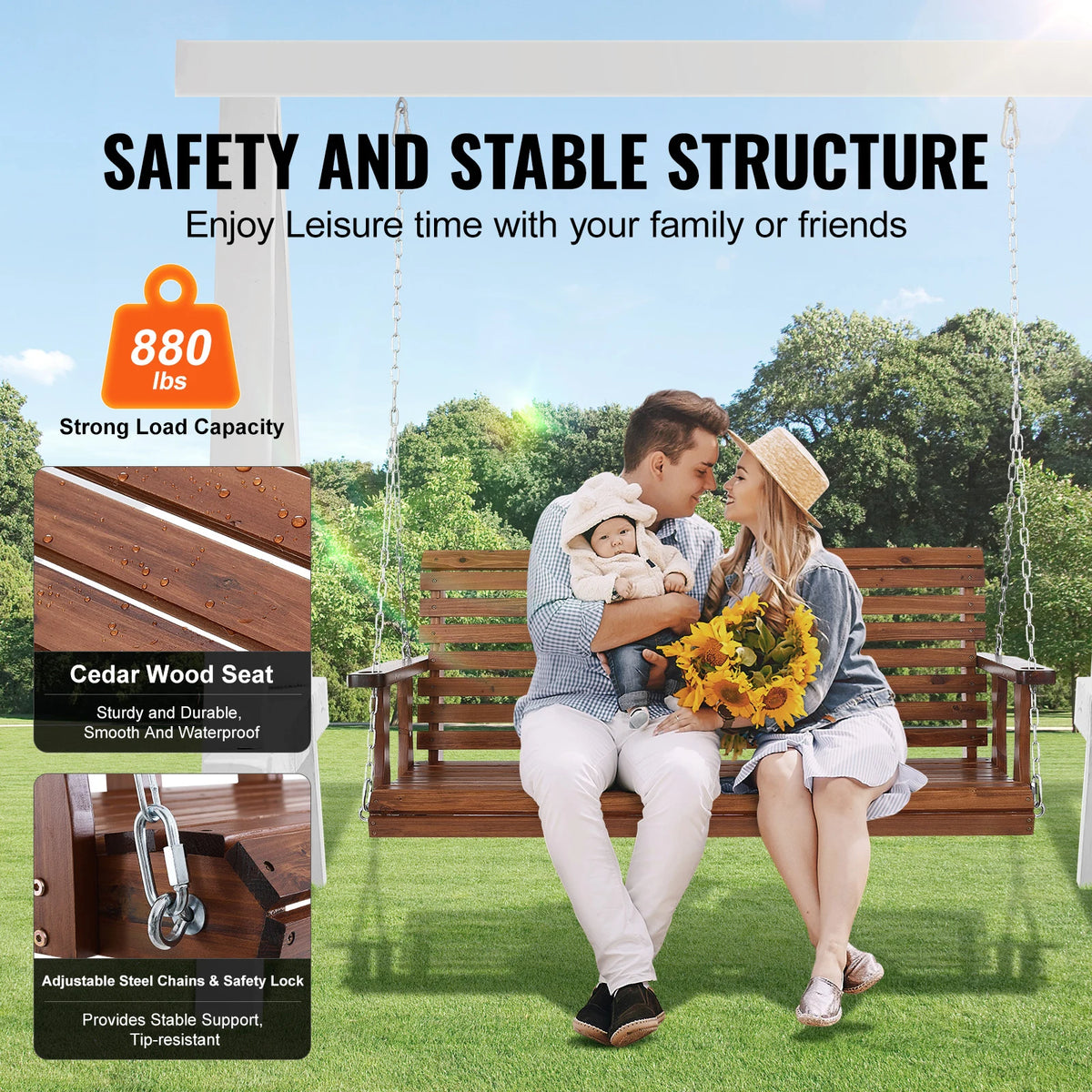 SucceBuy Wooden Porch Swing With Durable Cedar Wood Construction