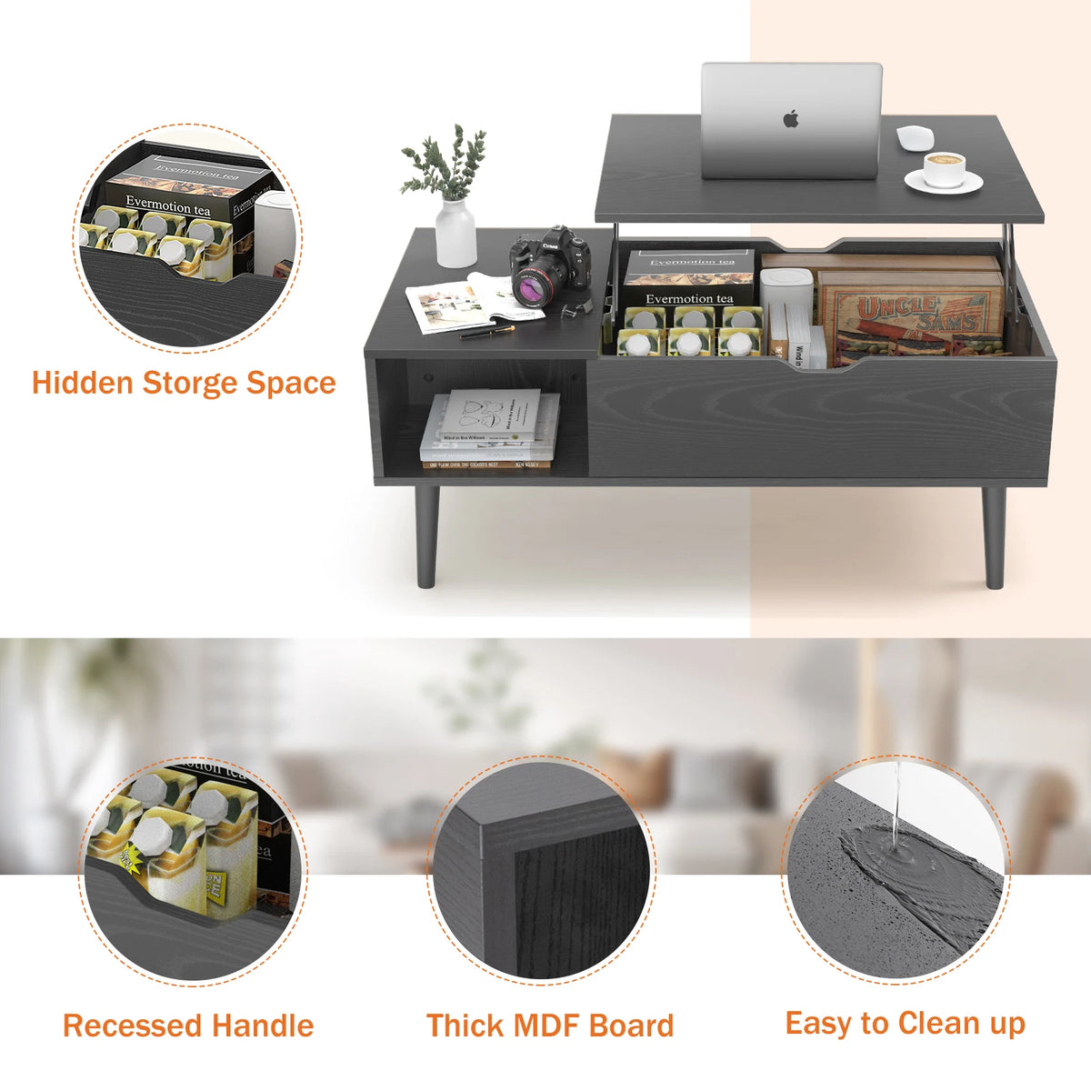 JHK Lift Top Coffee Table With Adjustable Wooden Storage