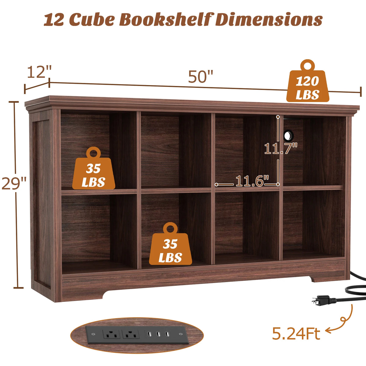 Aheaplus Modern Wooden Bookshelf With Integrated Charging Ports