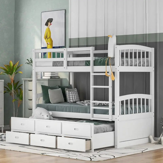 Wood Bunk Bed with Trundle 3 Drawers for Kids Bedroom