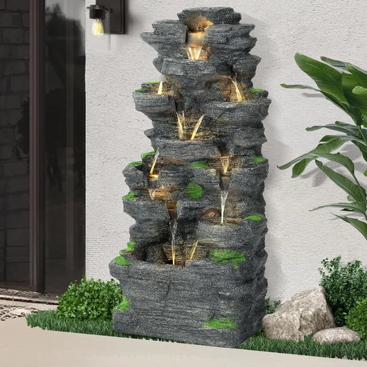Cascading Rock Waterfall Fountain With LED Lights For Outdoor Gardens
