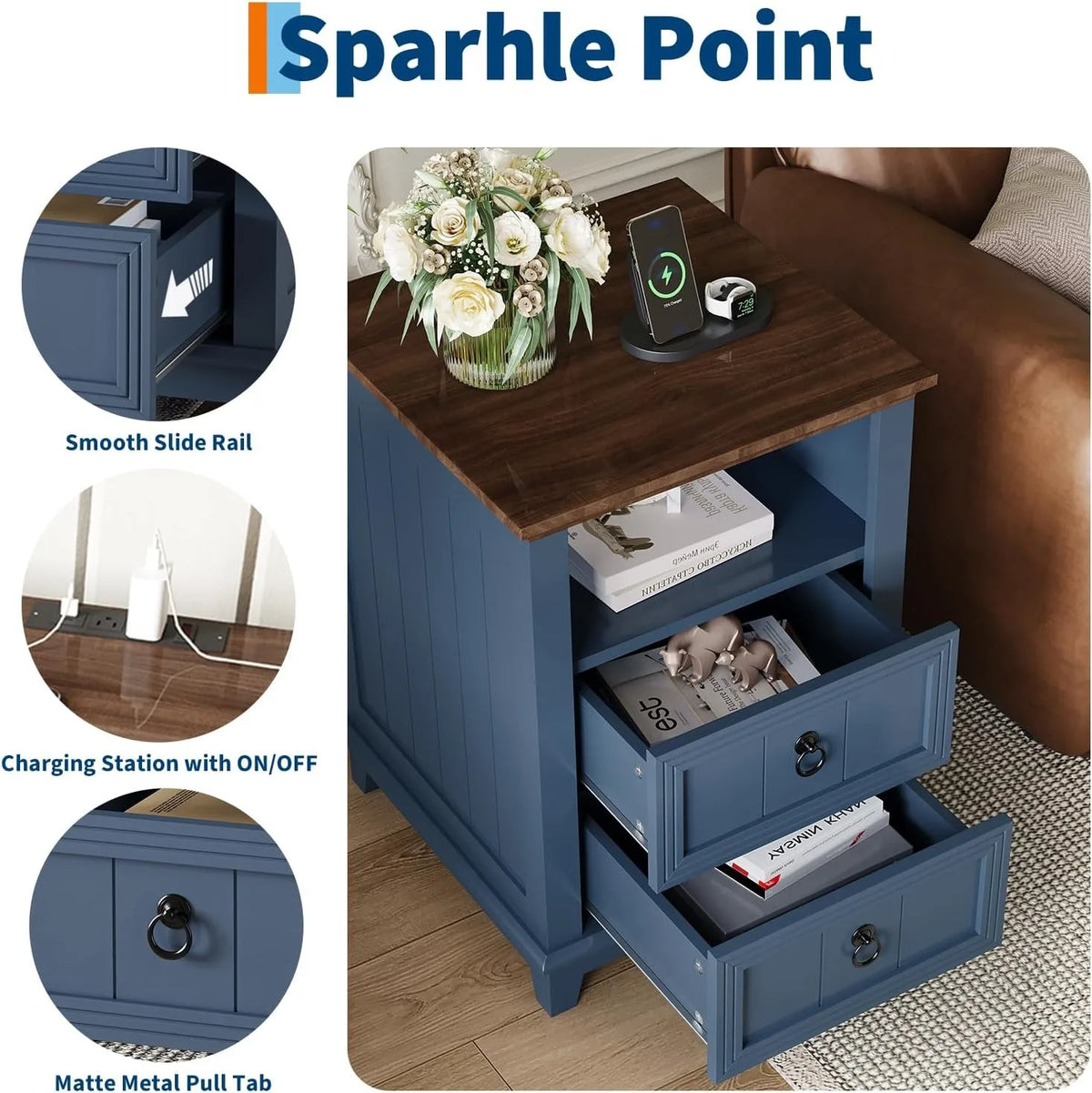 ANIXOL Modern Fluted Wood Nightstand Featuring Integrated USB Charging